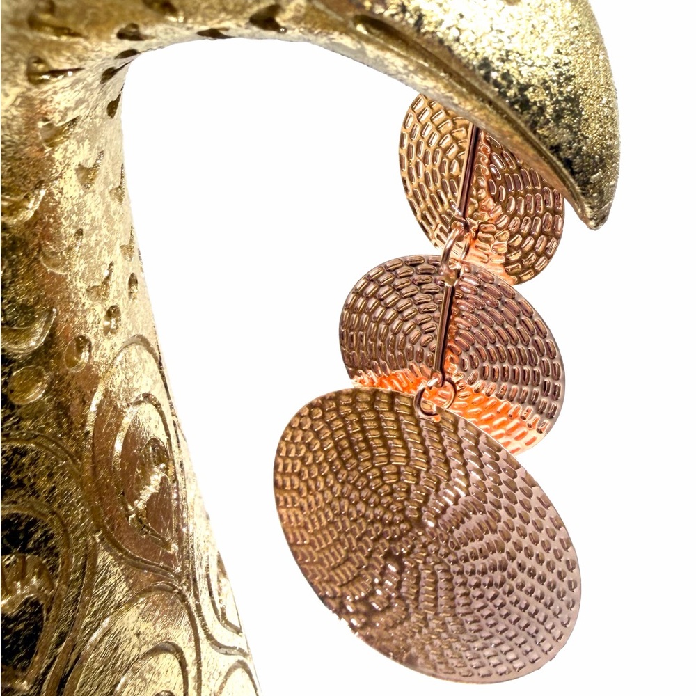 Rose Gold Textured Triple Disc Drop Earrings for Women - Picture 4 of 6